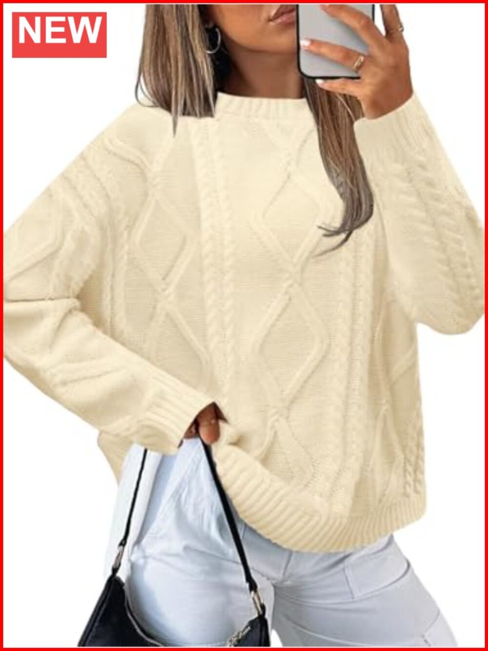 Oversized Cable Knit Crewneck Sweater Loose Fit Fall Winter Pullover